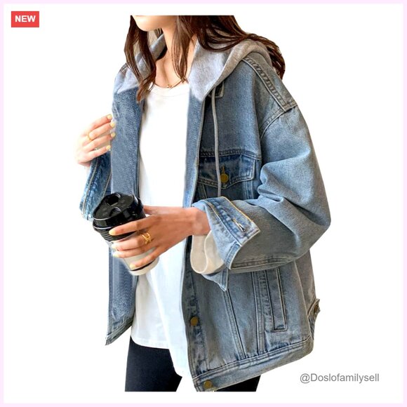 Oversized Distressed Denim Jacket with Hood Cropped Fit Cotton Blend